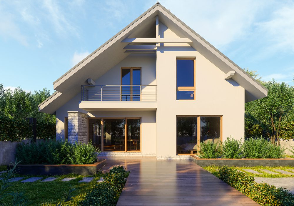 Modern house with a walkway to the front door, surrounded by lush green grass and plants, with trees