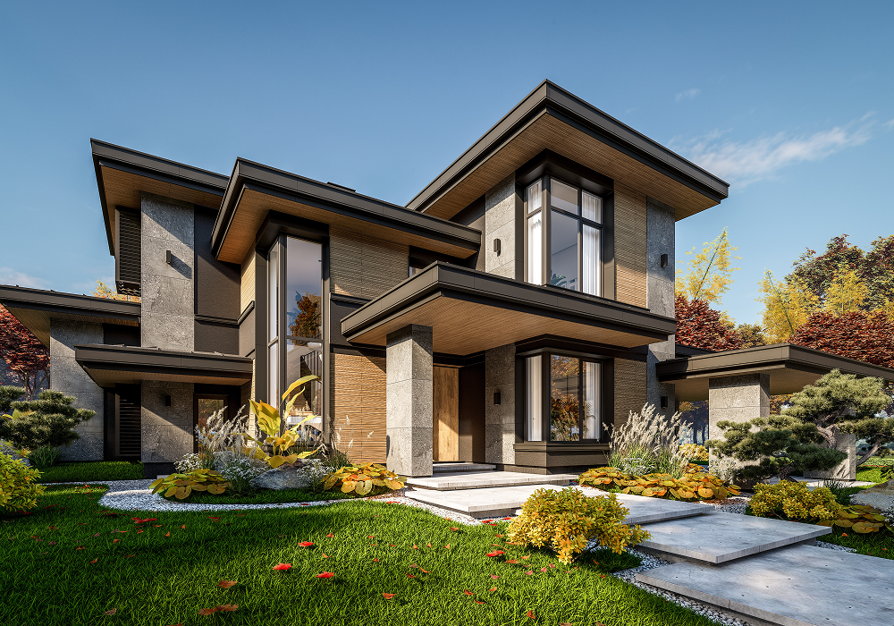 Modern house with glass windows, pillars, and a walkway up to it, surrounded by lush green grass and plants