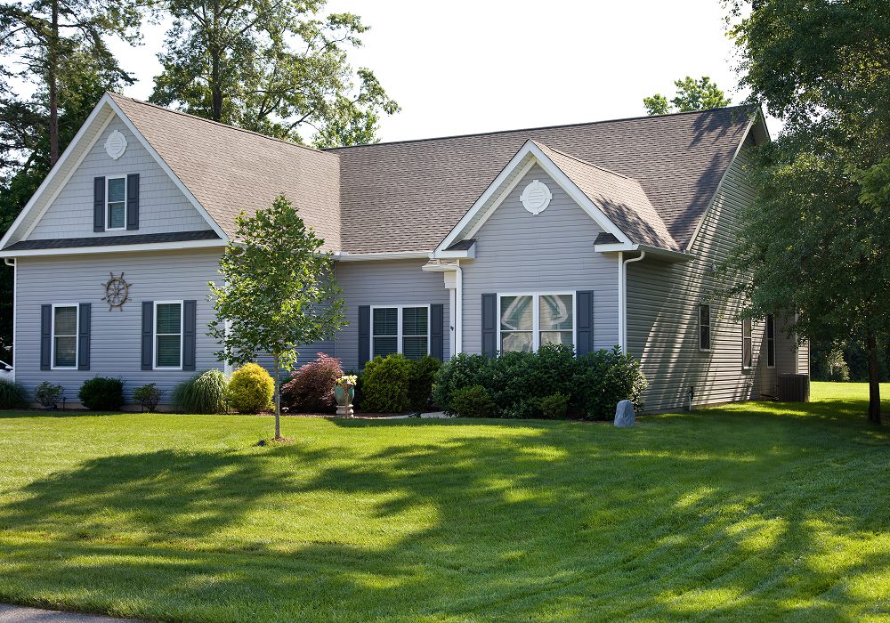 House with a large lawn in front of it, surrounded by trees and plants