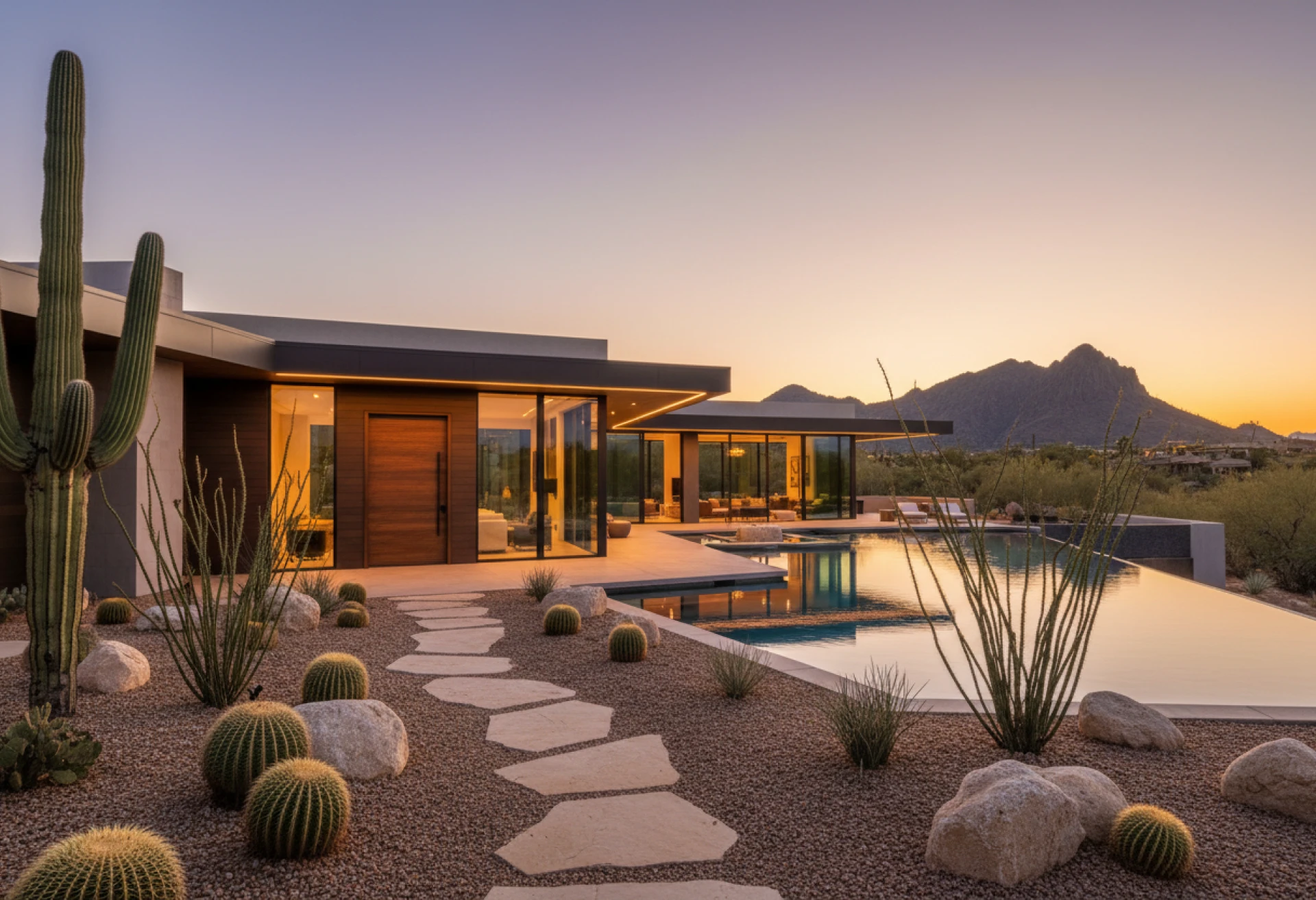 Modern house with glass doors and windows, surrounded by a swimming pool, cactus plants, stones, and a pathway